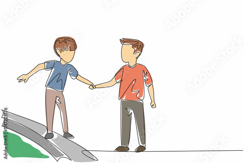 Continuous one line drawing boy holding his little brother walking on the edge of the sidewalk. Good example in the family. Guard. National Siblings Day. Single line draw design vector illustration