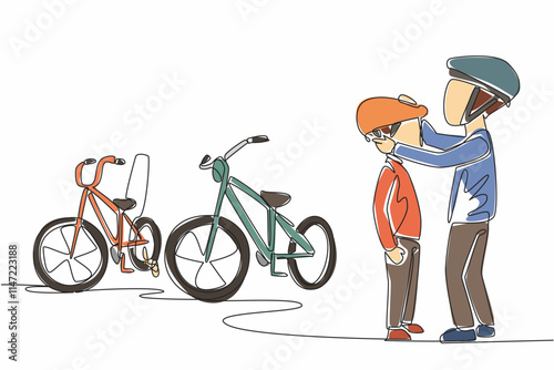 Single continuous line drawing Big brother helps put bike helmet on his little brother. Commendable traits. Family members love each other. National Siblings Day. One line design vector illustration