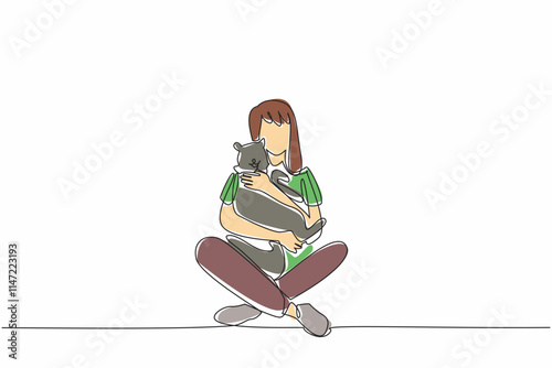 Continuous one line drawing woman sitting cross-legged holding a cat. Very protective of her only pet. Loves her cat very much. Bonding. National Pet Day. Single line draw design vector illustration