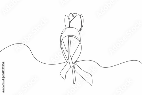 Continuous one line drawing stemmed red tulips were placed in the middle of gray campaign ribbons. Symbol of concern and sensitivity towards sufferers. Single line draw design vector illustration