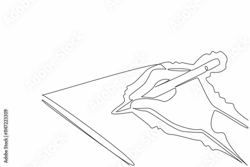 Single one line drawing hands writing on paper using a pencil and shaking. Suffering from motor disorders. Handwriting is not neat and difficult to read. Continuous line design graphic illustration