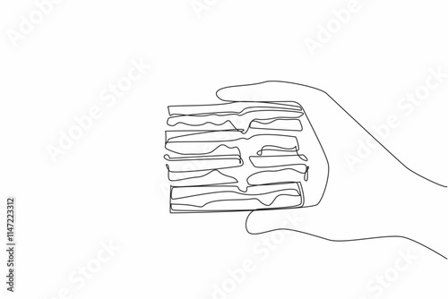 Continuous one line drawing hand holding several layers of grilled cheese sandwich. Devouring very quickly. Full. National Grilled Cheese Sandwich Day. Single line draw design vector illustration
