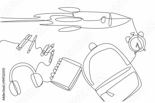 Continuous one line drawing rocket flies across notebook. Focus on studying to pursue the dreams. Study seriously every time. Make notes. Cosmonautics Day. Single line draw design vector illustration
