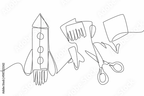 Single continuous line drawing rocket made from paper creations. Creation to commemorate the first astronaut on the lunar surface. Invention. Cosmonautics Day. One line design vector illustration
