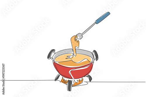 Continuous one line drawing pan heated over fire, inside the pan is melted cheese. Keeps the pot warm. True friend in winter. National Cheese Fondue Day. Single line draw design vector illustration