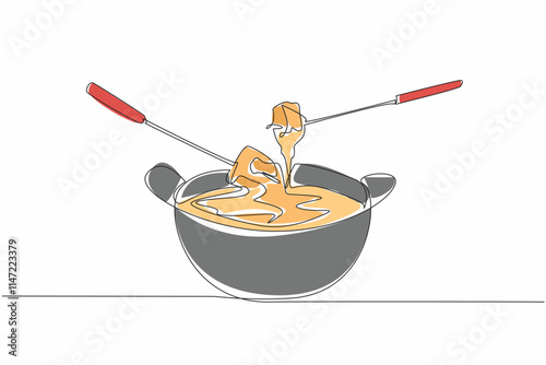 Continuous one line drawing food dipped in cheese liquid in a pan. Swiss specialties when winter comes. Warming the atmosphere. National Cheese Fondue Day. Single line draw design vector illustration