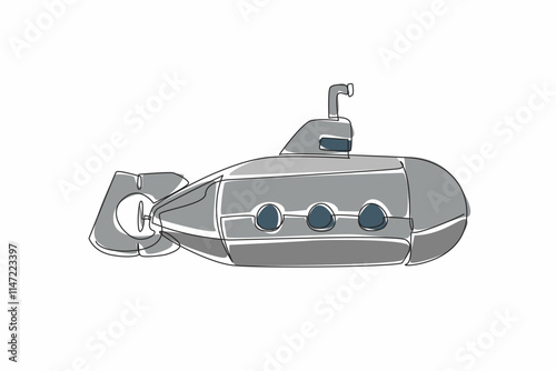 Continuous one line drawing submarine with three porthole. Equipped with a periscope to see the conditions under the sea. Research. National Submarine Day. Single line draw design vector illustration