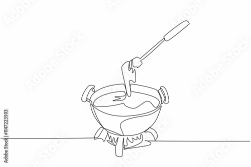 Continuous one line drawing pan heated over fire, inside the pan is melted cheese. Keeps the pot warm. True friend in winter. National Cheese Fondue Day. Single line draw design vector illustration