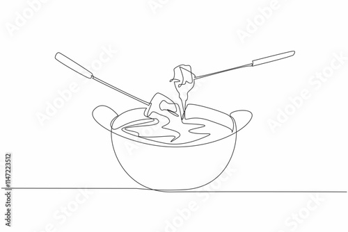 Continuous one line drawing food dipped in cheese liquid in a pan. Swiss specialties when winter comes. Warming the atmosphere. National Cheese Fondue Day. Single line draw design vector illustration