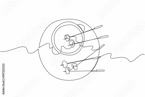 Single one line drawing a pot and some forks stabbed into food. Really enjoyed the process of eating it. Impression way to eat. National Cheese Fondue Day. Continuous line design graphic illustration
