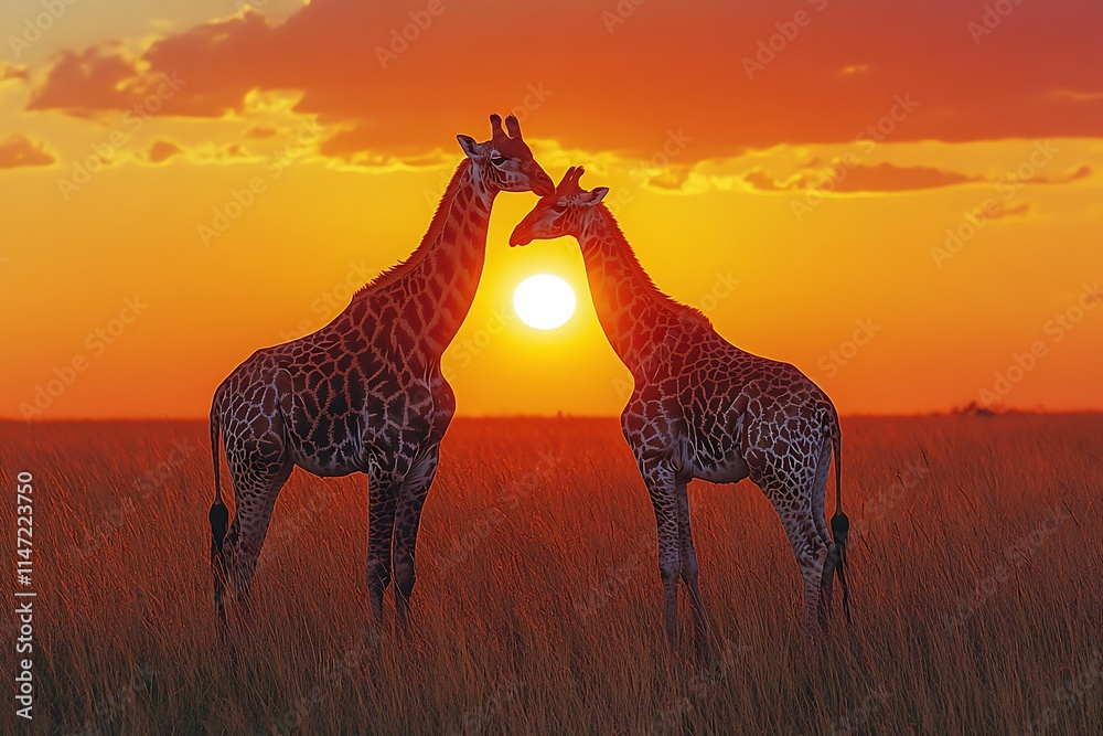 Fototapeta premium Two giraffes stand in the savanna grass, silhouetted against the breathtaking sunset backdrop.