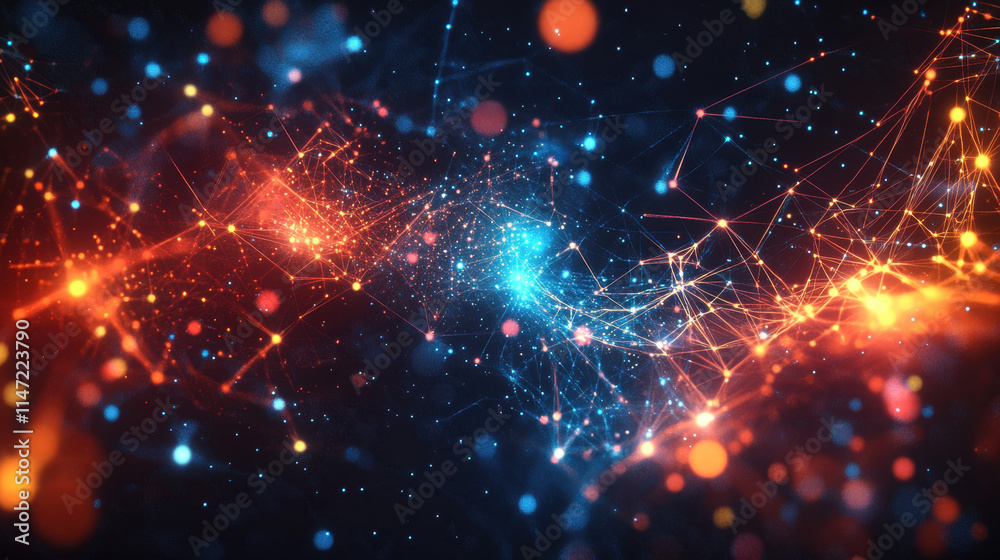 Abstract digital background with glowing connections and network lines on a dark space, a technology concept Abstract digital background with glowing connections and network lines on a dark space, a technology concept