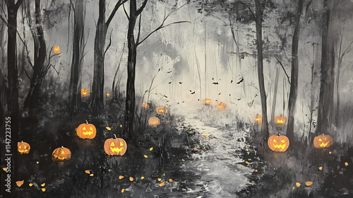 A spooky forest path illuminated by jack-o'-lantern lights. fog and falling leaves create a haunting atmosphere. Whisper. Illustration photo