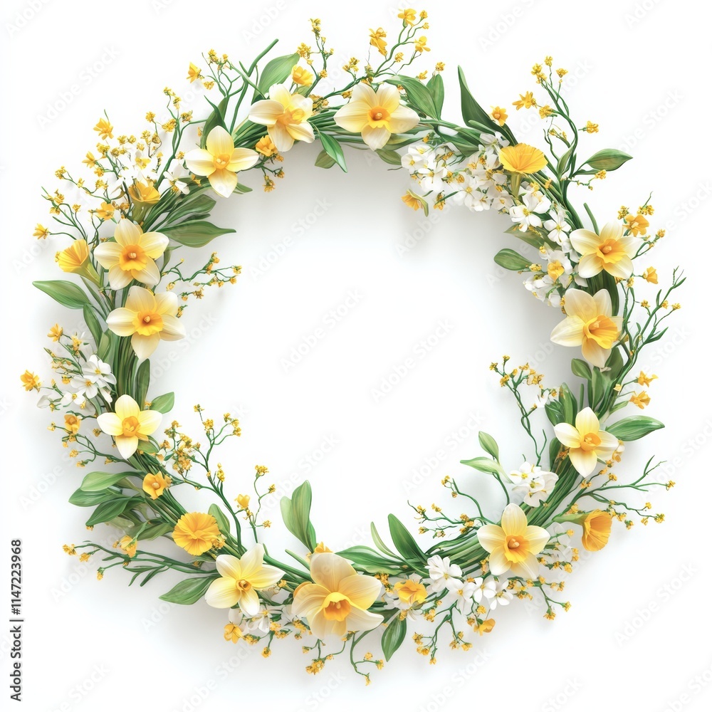 3D wreath with a mix of bright daffodils and greenery, designed in a minimalist style, surrounded by negative space on a pure white background 3D wreath with a mix of bright daffodils and greenery, designed in a minimalist style, surrounded by negative space on a pure white background