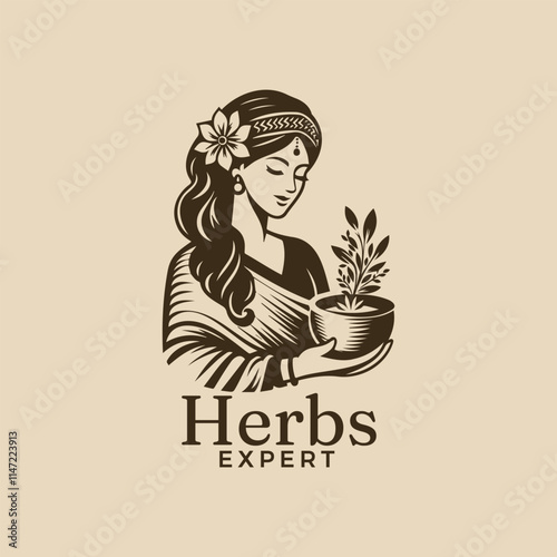 Asian Indian woman holding bowl of herbs and spices in vector logo drawing