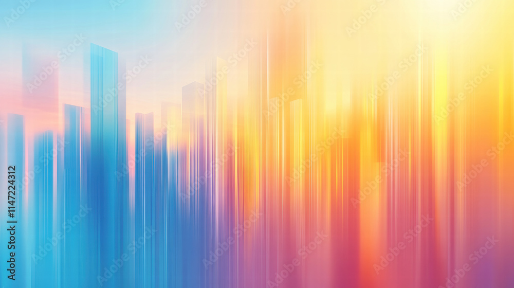 Abstract background with a gradient of light blue and orange colors, a modern cityscape skyline, blurred vertical lines, and a bright sunlight effect Abstract background with a gradient of light blue and orange colors, a modern cityscape skyline, blurred vertical lines, and a bright sunlight effect