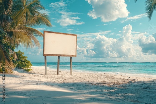 A serene beach scene featuring a blank sign on sandy shores and vibrant palm trees.