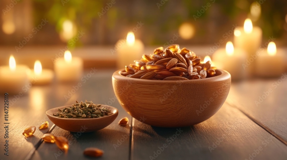 Obraz premium Healing Touch with Wooden Massage Roller and Serene Candles. Generative AI