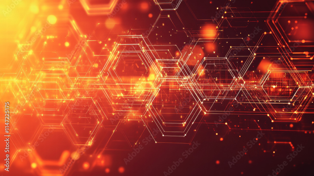 Obraz premium Red and orange background with a hexagonal pattern and glowing data connections, a technology concept banner design
