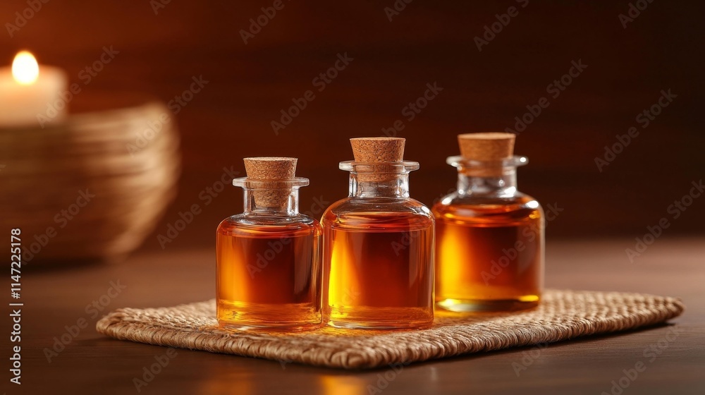 Set of Aromatic Massage Oils in a Rustic Spa Setting. Generative AI Set of Aromatic Massage Oils in a Rustic Spa Setting. Generative AI