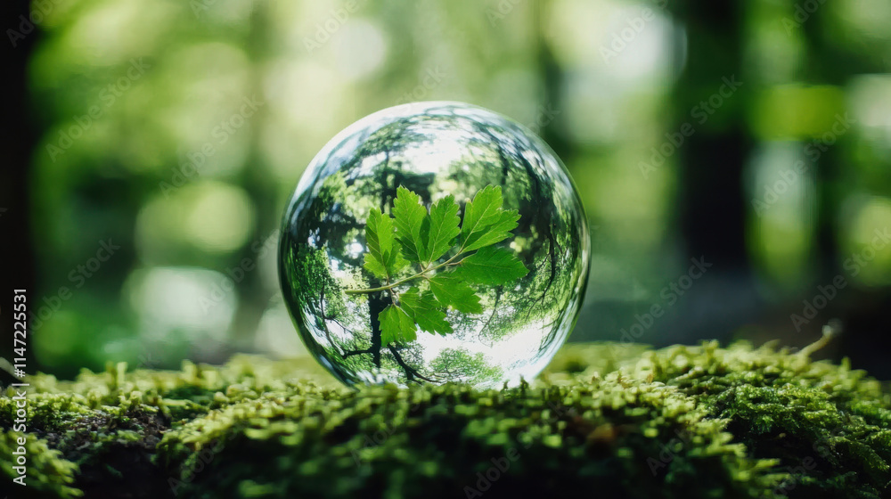 There is a glass ball on the grass in the forest There is a glass ball on the grass in the forest