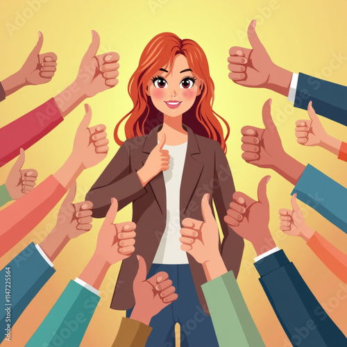 Public approval for a happy woman standing among positive gestures of support and acceptance. People support the blogger bride by expressing approval and sincere comments or agreeing.