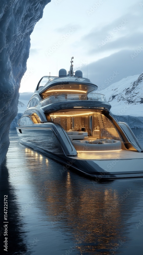 Naklejka premium Luxury yacht sailing between icebergs in calm waters
