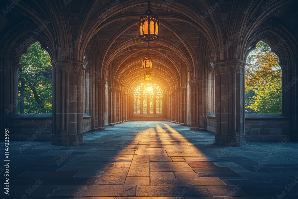 Fototapeta premium A serene corridor with arches, illuminated by sunlight, creating a tranquil atmosphere.