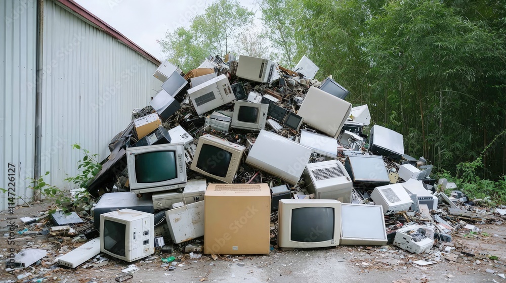 Huge pile of obsolete electronic waste outdoors.