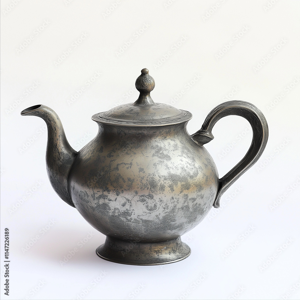 Antique Pewter Teapot with Tarnished Texture Catching Light - Old-World Charm Antique Pewter Teapot with Tarnished Texture Catching Light - Old-World Charm