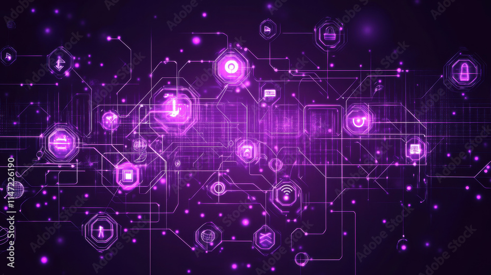 A digital technology concept design with a purple background, featuring technological elements and interconnected circles, linked by lines A digital technology concept design with a purple background, featuring technological elements and interconnected circles, linked by lines