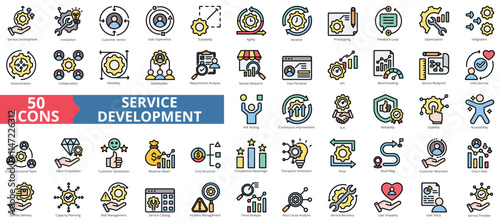 Service development icon collection set. Containing innovation, customer centric, user experience, scalability, agility, iterative, prototyping icon. Simple flat outline vector illustration
