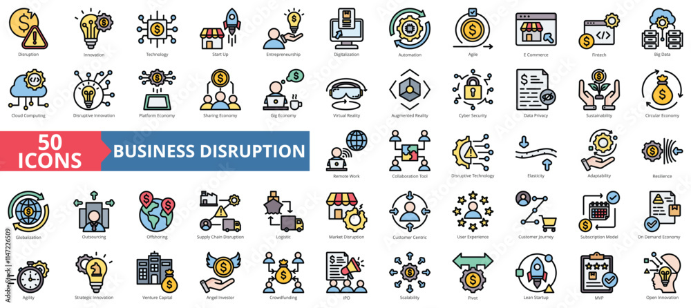 Naklejka premium Business disruption icon collection set. Containing innovation, technology, start up, entrepreneurship, digitalization, automation, agile icon. Simple flat outline vector illustration