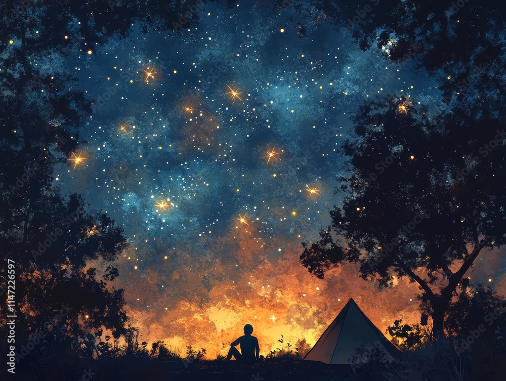 Fototapeta premium A serene night scene with a person gazing at a starry sky beside a tent.