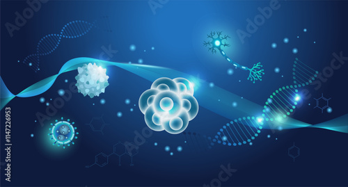 Science abstract background with Stem Cells, nerve cell, erythrocyte and GENE.