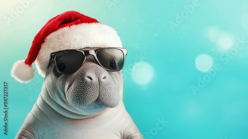 A cheerful manatee wears a red Santa hat and sunglasses christmas with a light sky background