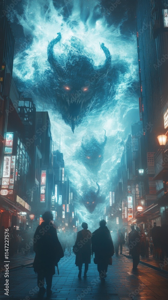 Fototapeta premium Futuristic crowd scene with glowing neon lights