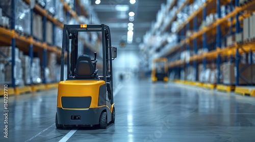 A high-tech warehouse using AI to guide autonomous forklifts, reducing the risk of accidents and ensuring smooth logistics operations