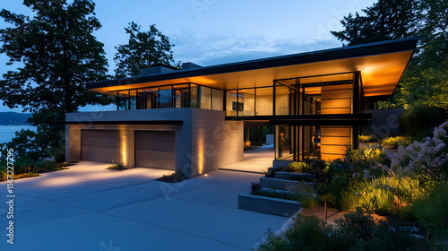 Modern house exterior lighting illuminating concrete driveway and lawning at night , modern, house, exterior. Illumine. Illustration photo