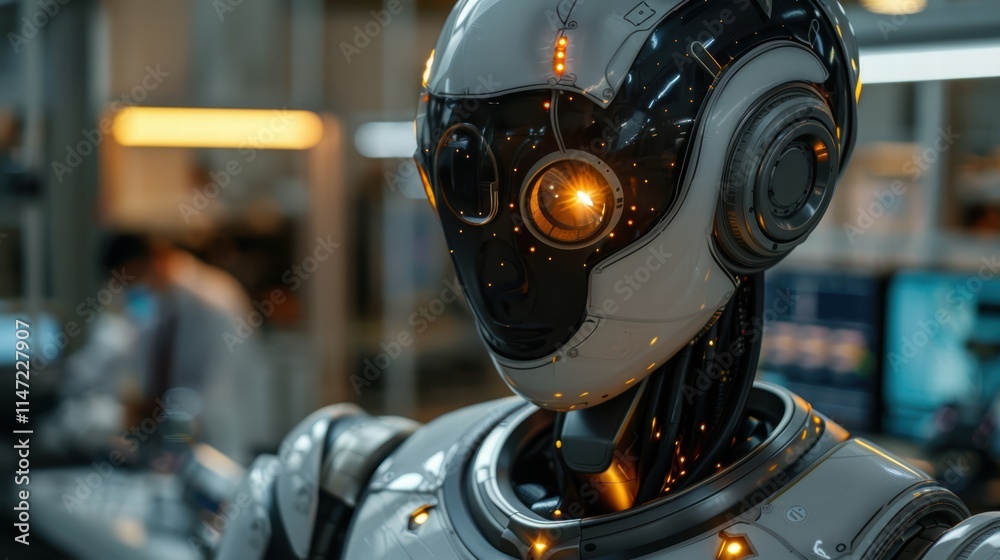 A humanoid robot with glowing LED eyes interacting with a data analyst in a high-tech lab, symbolizing the partnership of AI and robotics A humanoid robot with glowing LED eyes interacting with a data analyst in a high-tech lab, symbolizing the partnership of AI and robotics