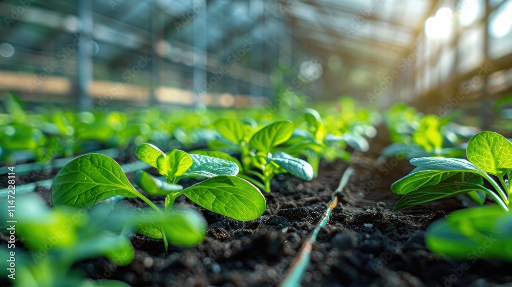 A hydroponic greenhouse with rows of leafy greens growing under controlled lighting, illustrating sustainable indoor food production A hydroponic greenhouse with rows of leafy greens growing under controlled lighting, illustrating sustainable indoor food production