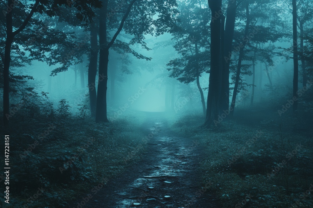 Fototapeta premium A misty forest path shrouded in fog, creating an eerie and tranquil atmosphere.