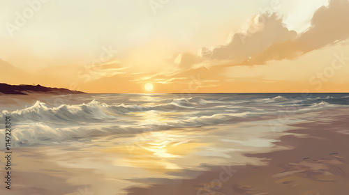 Peaceful beach at sunrise with soft waves lapping against the shore, golden light illuminating the horizon. Illumine. Illustration