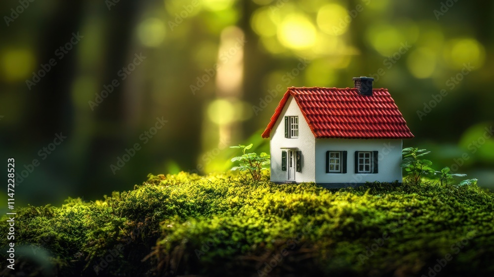 Miniature house nestled in a lush green mossy forest clearing. Miniature house nestled in a lush green mossy forest clearing.