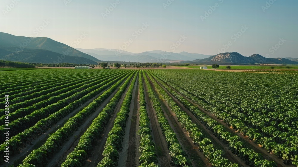 A large, modern farm with rows of crops and automated irrigation systems, showcasing advancements in efficient agriculture A large, modern farm with rows of crops and automated irrigation systems, showcasing advancements in efficient agriculture