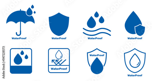 Waterproof icons isolated set. Waterproof fabrics and absorbent fabrics symbol. Water repellent surface icons. Water resistance signs. liquid proof protection. Shield with water drop. Anti, proof 