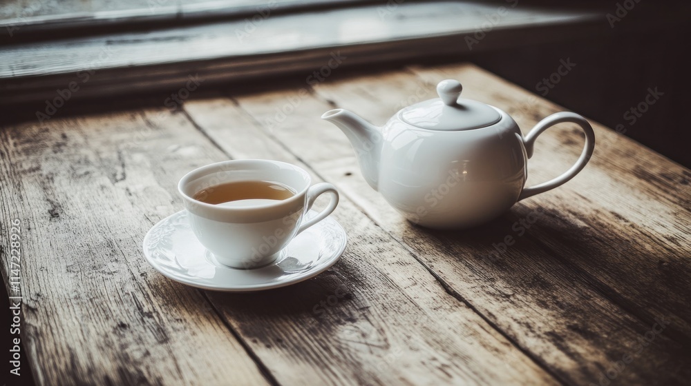 A white teapot and teacup sit on a rustic wooden table near a window.