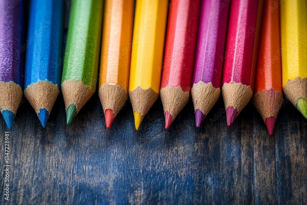 A row of colorful pencils arranged on a wooden surface, ideal for art and creativity. A row of colorful pencils arranged on a wooden surface, ideal for art and creativity.