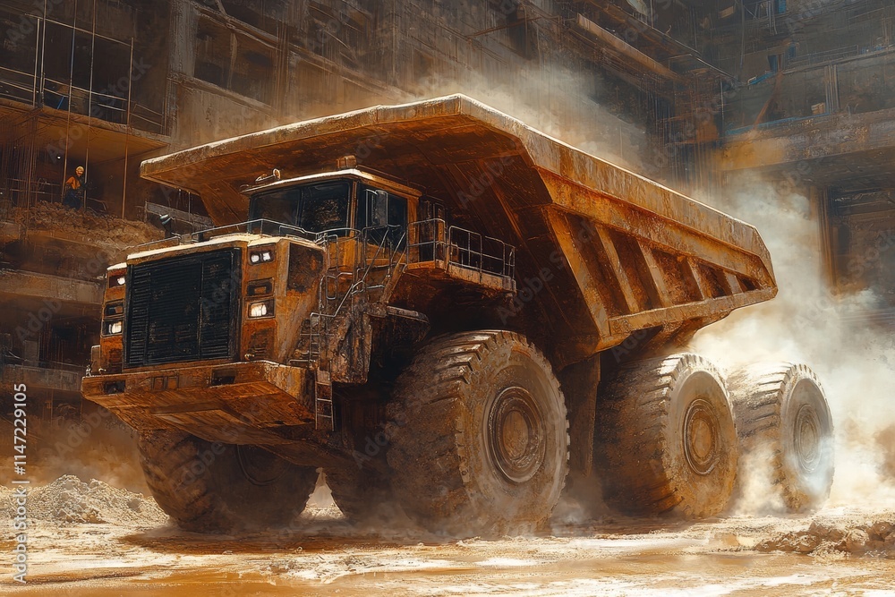 A massive dump truck operating in a dusty construction site, showcasing industrial power. A massive dump truck operating in a dusty construction site, showcasing industrial power.