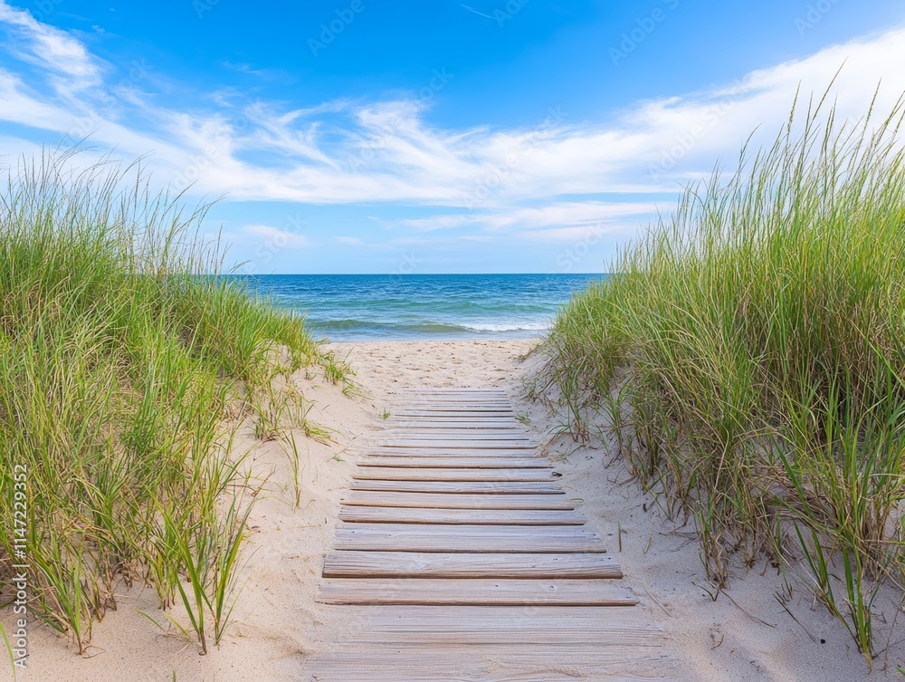 Fototapeta premium A serene pathway through tall grass leading to a tranquil beach and ocean under a blue sky.